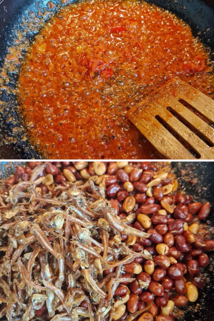 Cook the spices until deep red color. Add fried peanuts and fried dried anchovies fish and mix well.