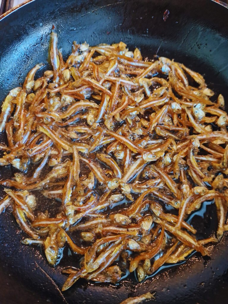 Frying dried anchovies fish