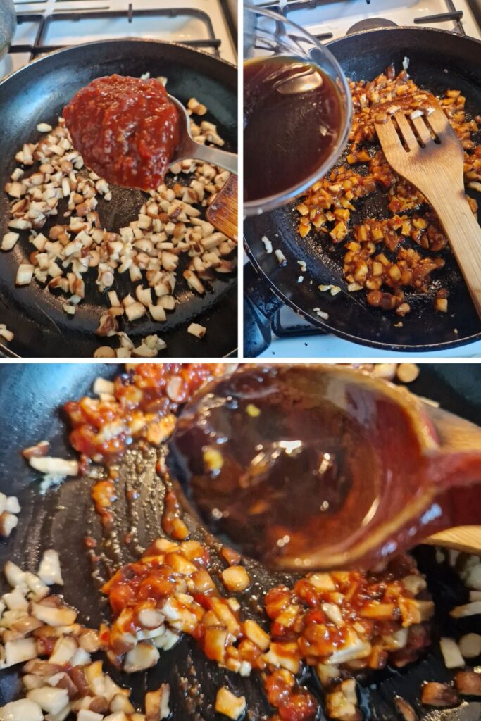 Adding doubanjiang, oyster sauce and chili oil